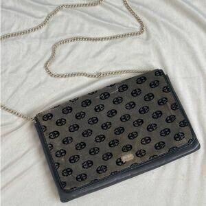 Vintage Bon Goût 70s Velvet Logo Crossbody Gray Black Silver Chain Leather